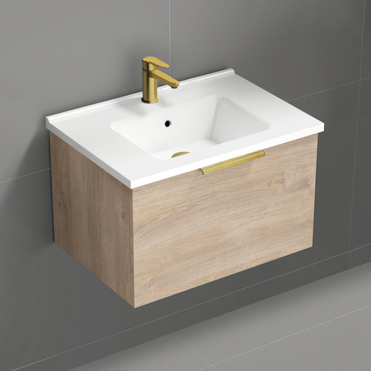 Wall Mount Bathroom Vanity, Modern, 26", Brown Oak