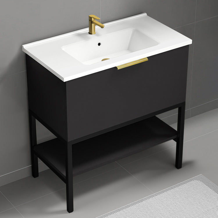 Modern Bathroom Vanity, Floor Standing, 34", Matte Black
