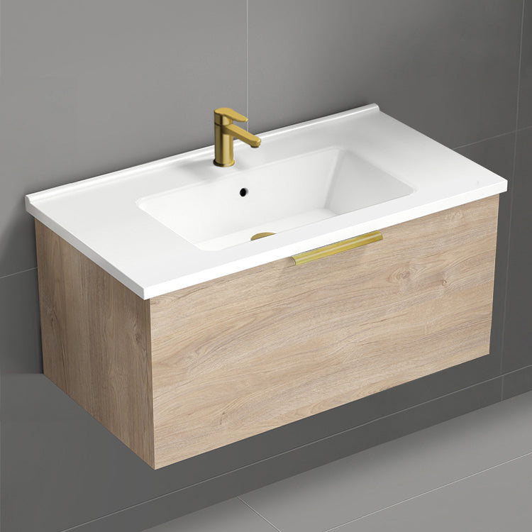 Wall Mounted Bathroom Vanity, Modern, 34", Brown Oak