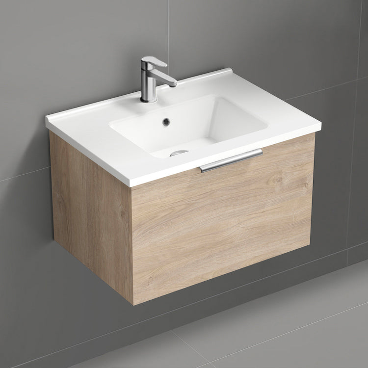 Wall Mount Bathroom Vanity, Modern, 26", Brown Oak