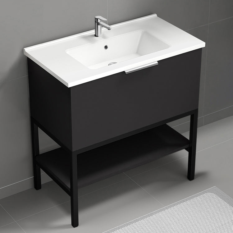 Modern Bathroom Vanity, Floor Standing, 34", Matte Black