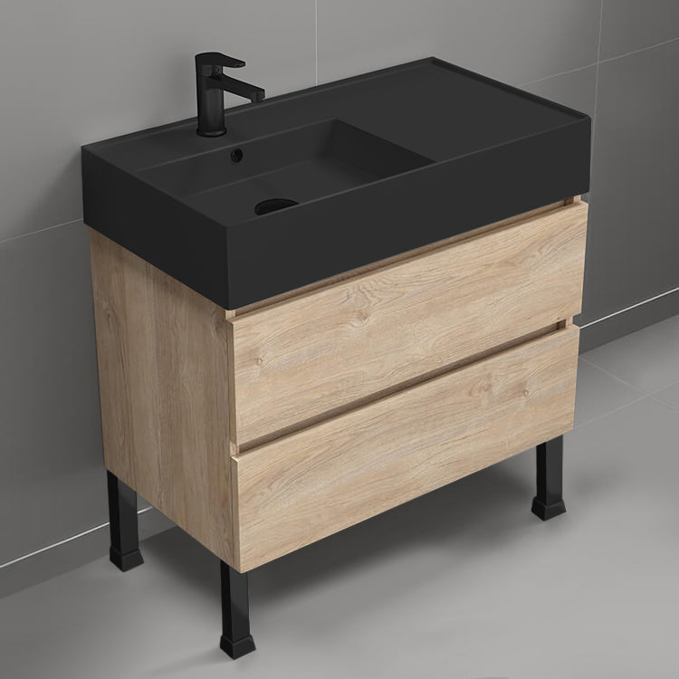Modern Bathroom Vanity With Black Sink, Floor Standing, 32", Brown Oak