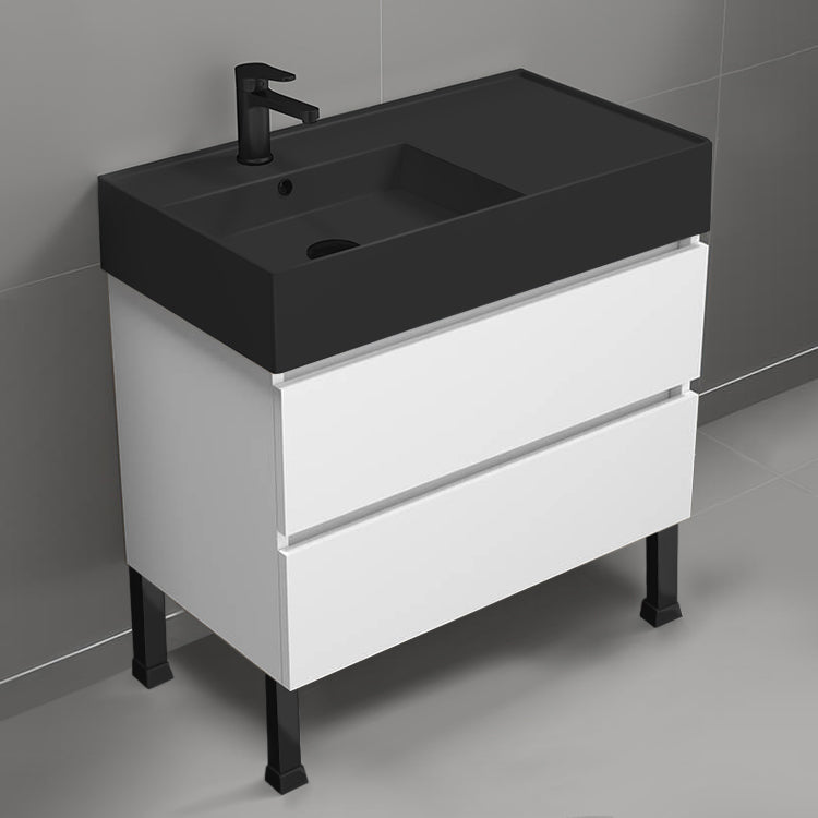 Free Standing Bathroom Vanity With Black Sink, 32", Modern, Glossy White