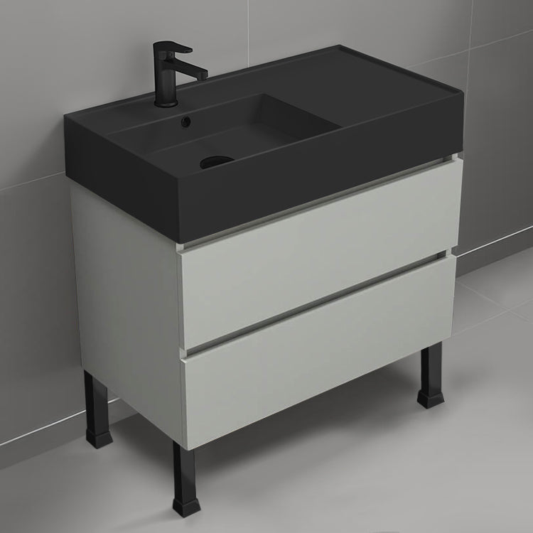 Modern Bathroom Vanity With Black Sink, Free Standing, 32", Grey Mist