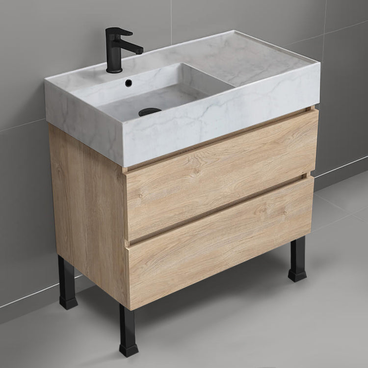 Modern Bathroom Vanity With Marble Design Sink, Floor Standing, 32", Brown Oak