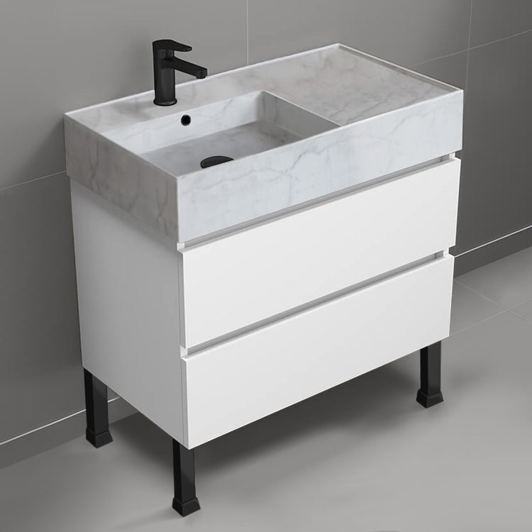 Free Standing Bathroom Vanity With Marble Design Sink, 32", Modern, Glossy White