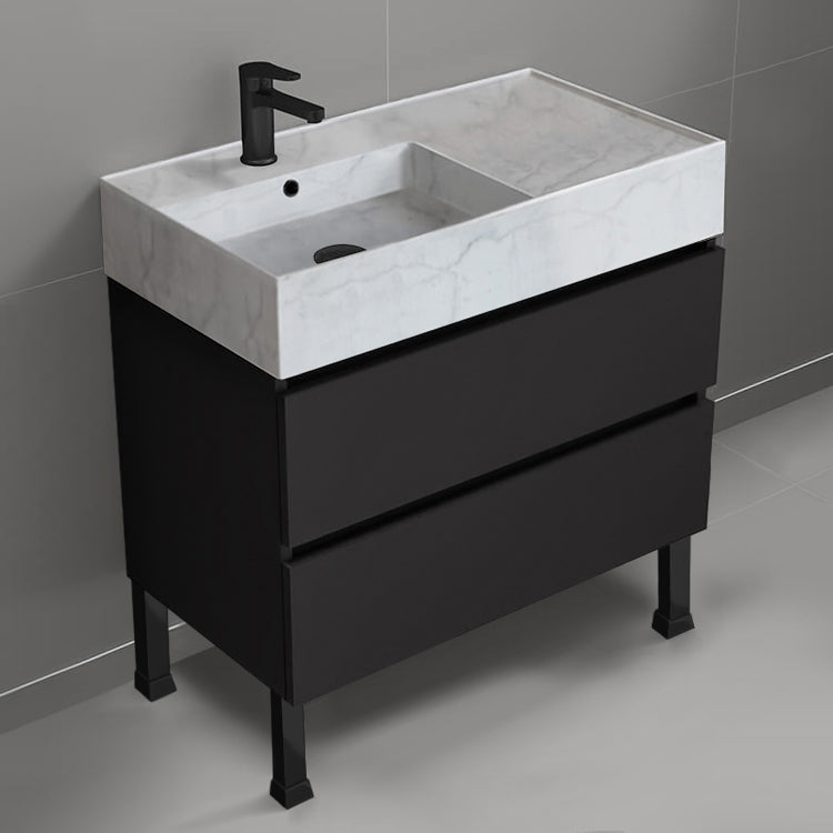 Black Bathroom Vanity With Marble Design Sink, Modern, Free Standing, 32"