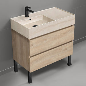 Modern Bathroom Vanity With Beige Travertine Design Sink, Floor Standing, 32", Brown Oak