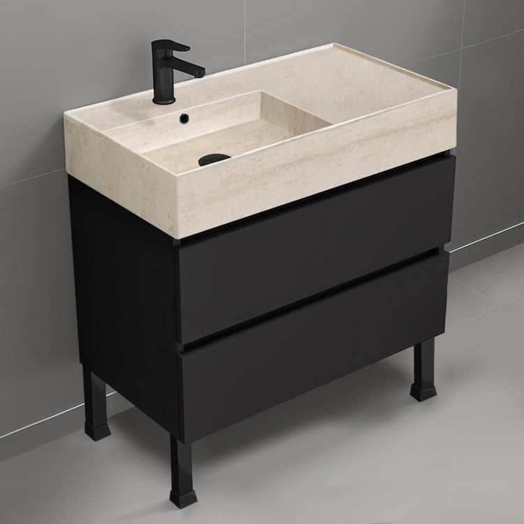 Black Bathroom Vanity With Beige Travertine Design Sink, Modern, Free Standing, 32"