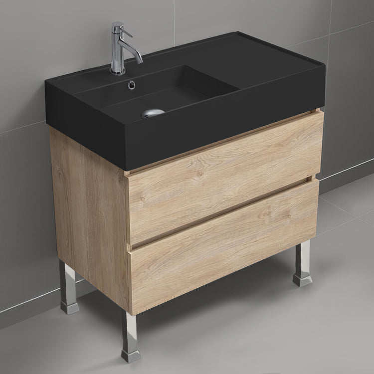 Modern Bathroom Vanity With Black Sink, Floor Standing, 32", Brown Oak