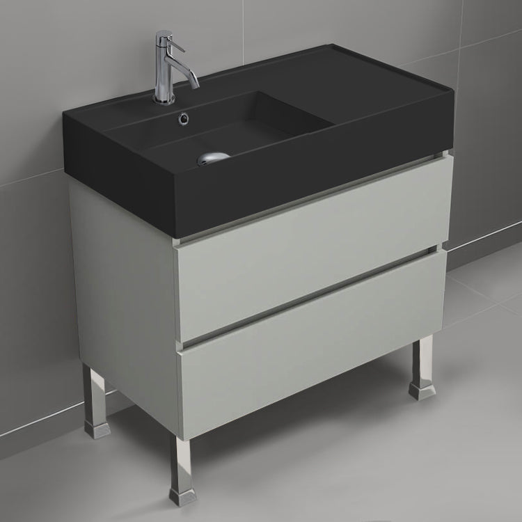 Modern Bathroom Vanity With Black Sink, Free Standing, 32", Grey Mist