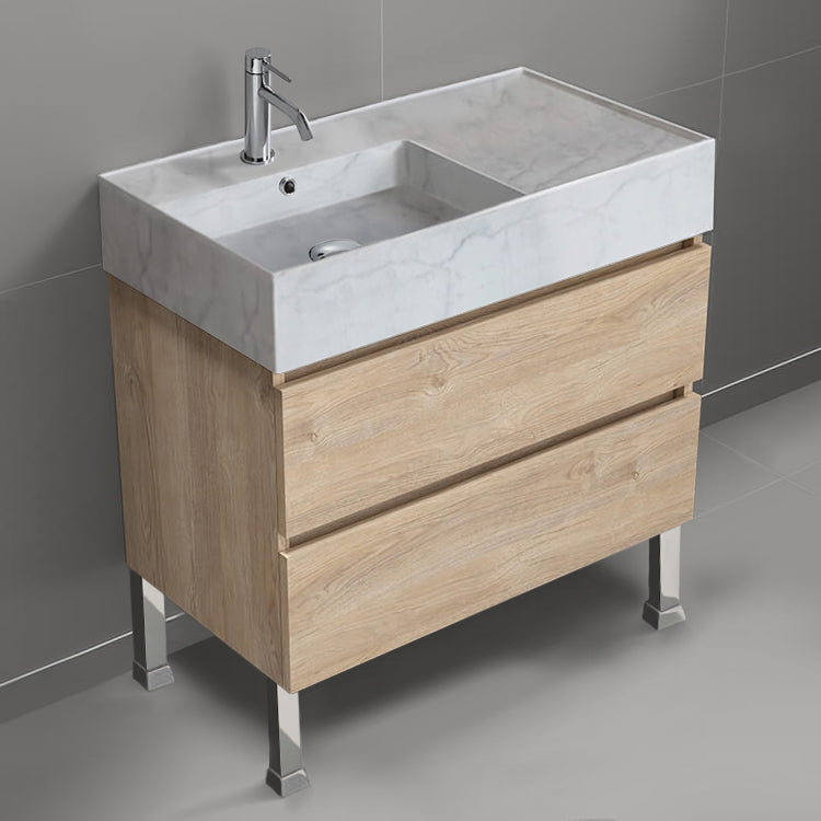 Modern Bathroom Vanity With Marble Design Sink, Floor Standing, 32", Brown Oak