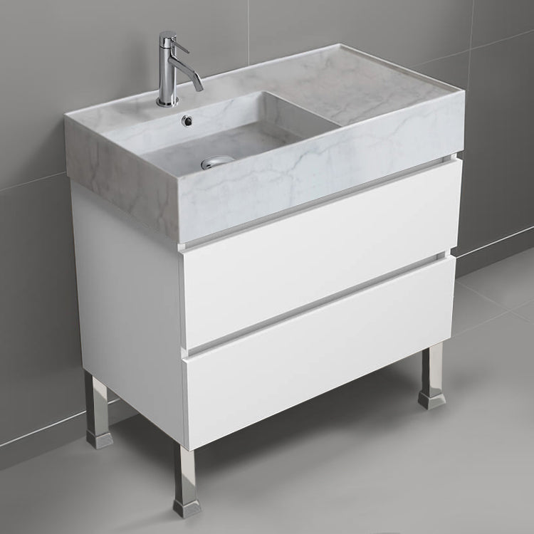 Free Standing Bathroom Vanity With Marble Design Sink, 32", Modern, Glossy White