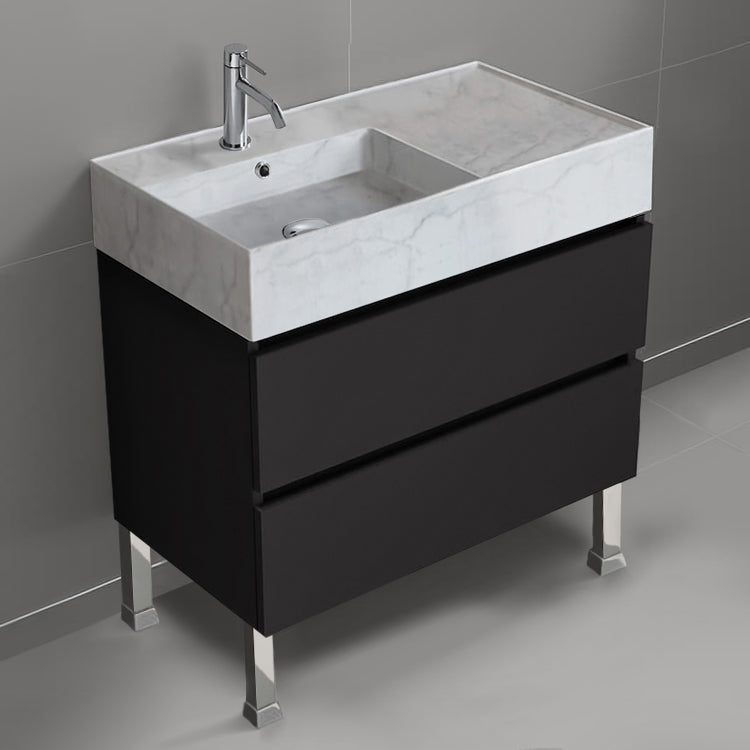 Black Bathroom Vanity With Marble Design Sink, Modern, Free Standing, 32"