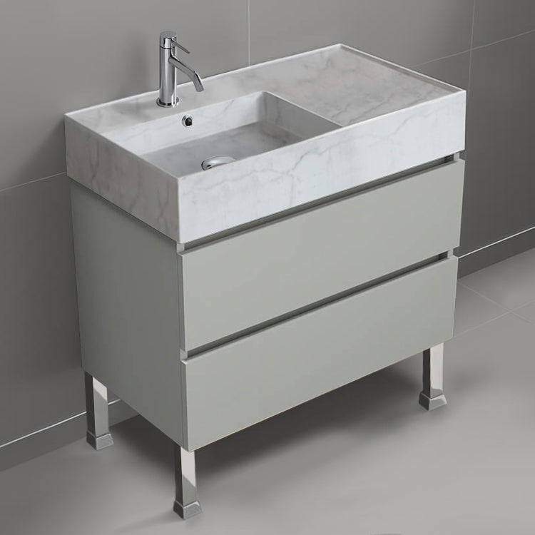 Modern Bathroom Vanity With Marble Design Sink, Free Standing, 32", Grey Mist