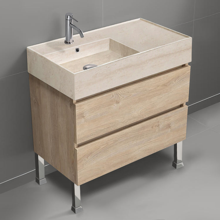 Modern Bathroom Vanity With Beige Travertine Design Sink, Floor Standing, 32", Brown Oak