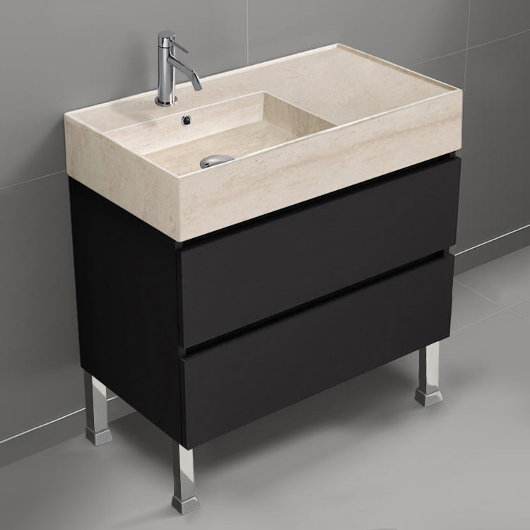 Black Bathroom Vanity With Beige Travertine Design Sink, Modern, Free Standing, 32"