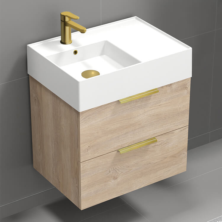 Modern Bathroom Vanity, Small, Floating, 24", Brown Oak