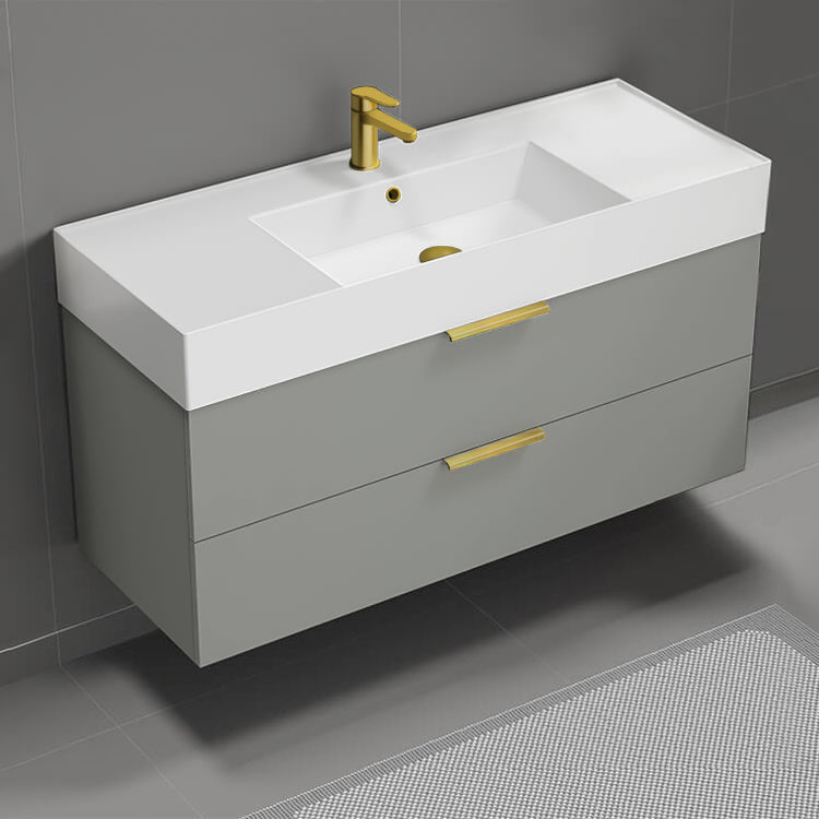 Modern Bathroom Vanity, Wall Mounted, 48", Grey Mist