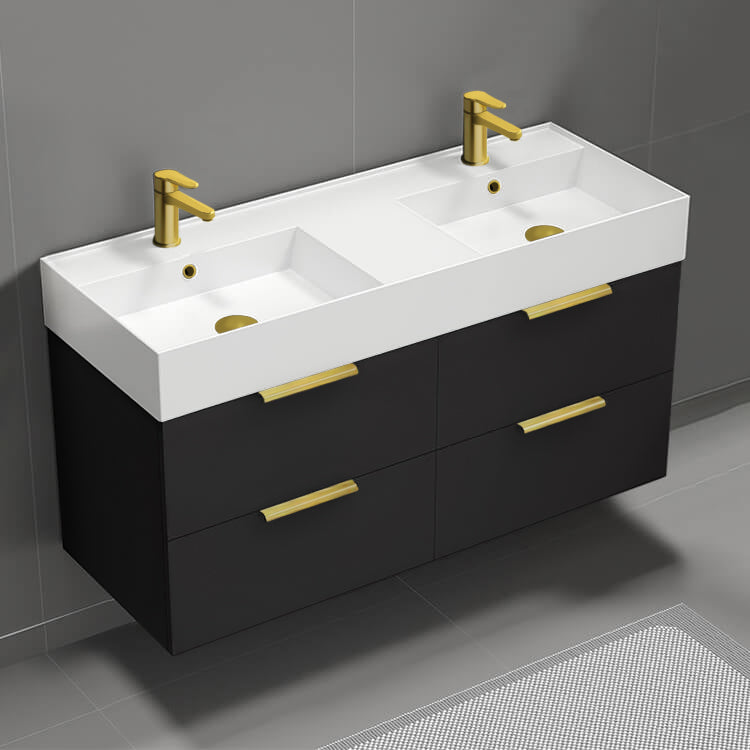 Double Bathroom Vanity, Wall Mount, 48", Matte Black