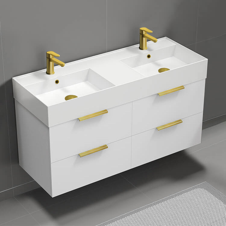 48" Bathroom Vanity, Double Sink, Modern, Wall Mounted, Glossy White