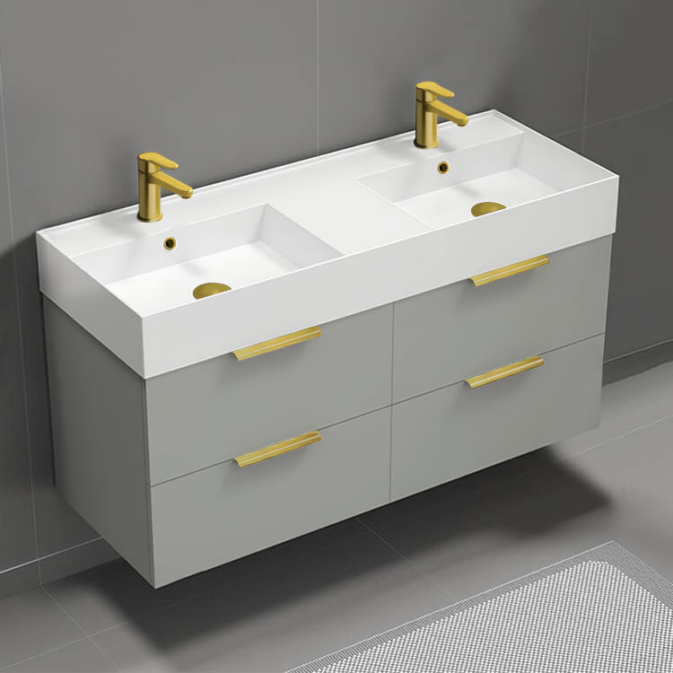 48" Bathroom Vanity, Double Sink, Floating, Modern, Grey Mist