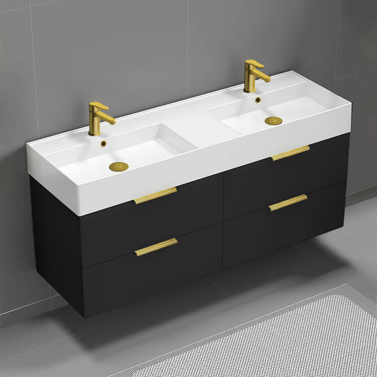 56" Bathroom Vanity, Double Sink, Wall Mounted, Modern, Matte Black