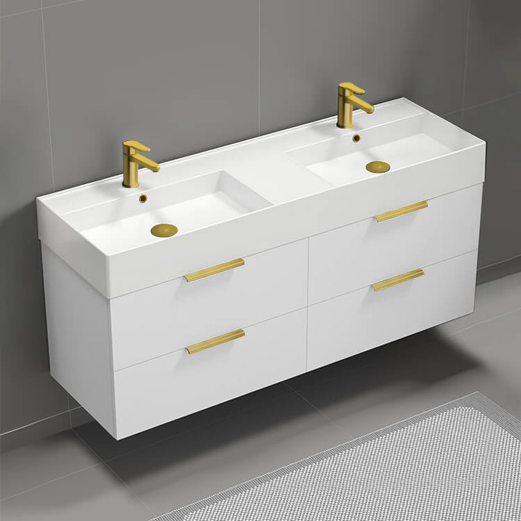56" Bathroom Vanity, Double Sink, Wall Mount, Modern, Glossy White