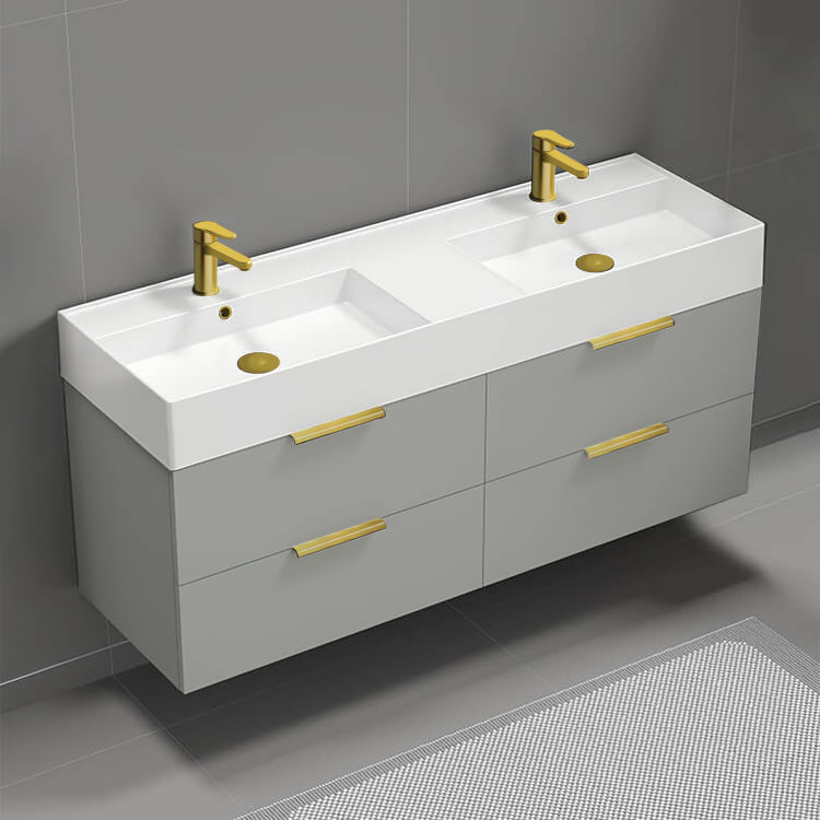 Double Bathroom Vanity, Floating, 56", Grey Mist