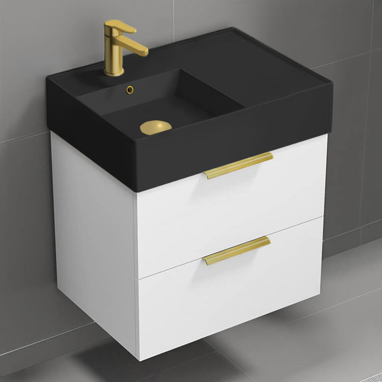 Modern Bathroom Vanity With Black Sink, Wall Mount, 24", Glossy White
