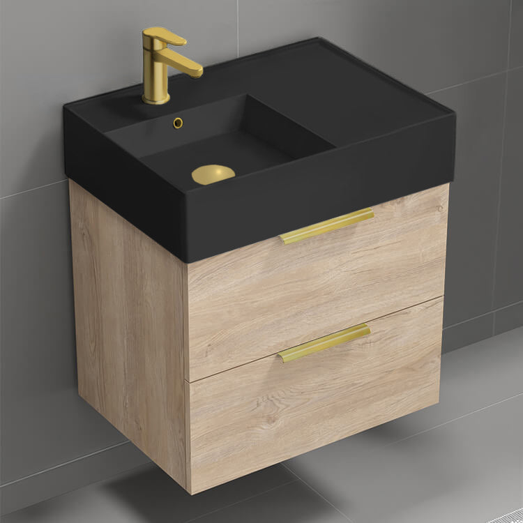 Modern Bathroom Vanity With Black Sink, Small, Floating, 24", Brown Oak