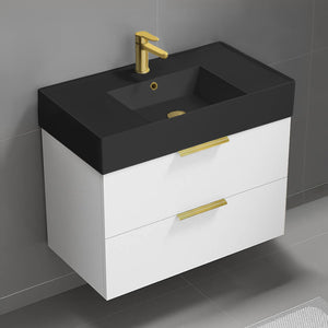 32" Bathroom Vanity With Black Sink, Modern, Wall Mount, Glossy White