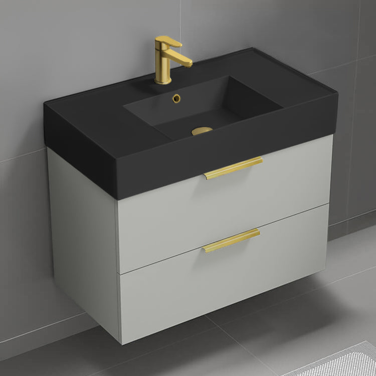 Wall Mounted Bathroom Vanity With Black Sink, Modern, 32", Grey Mist