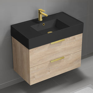 Modern Bathroom Vanity With Black Sink, Wall Mounted, Single, 32", Brown Oak