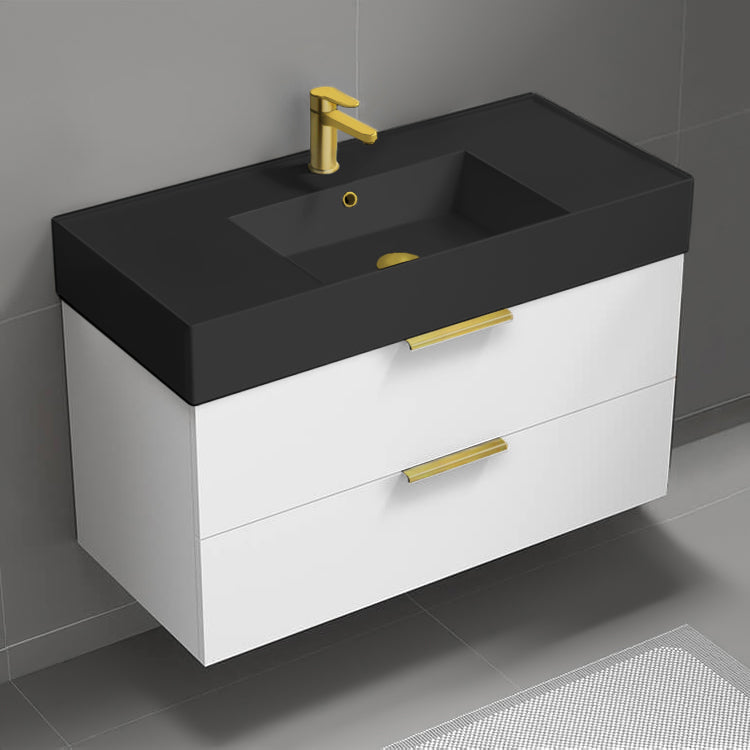 Floating Bathroom Vanity With Black Sink, Modern, 40", Glossy White