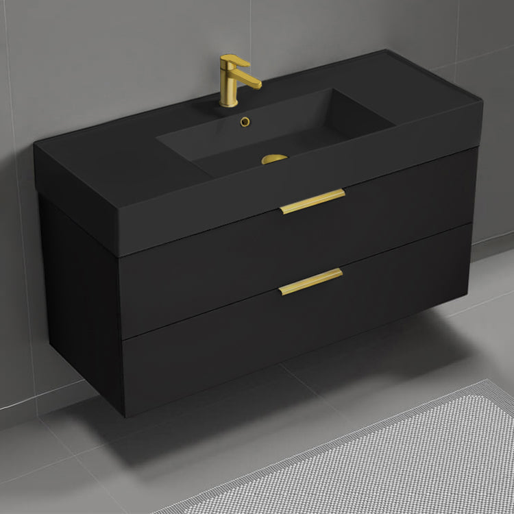 Modern Bathroom Vanity With Black Sink, Wall Mount, 48", Matte Black