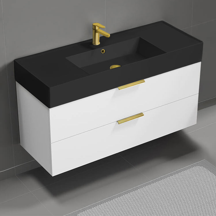 Modern Bathroom Vanity With Black Sink, Wall Mounted, 48", Glossy White