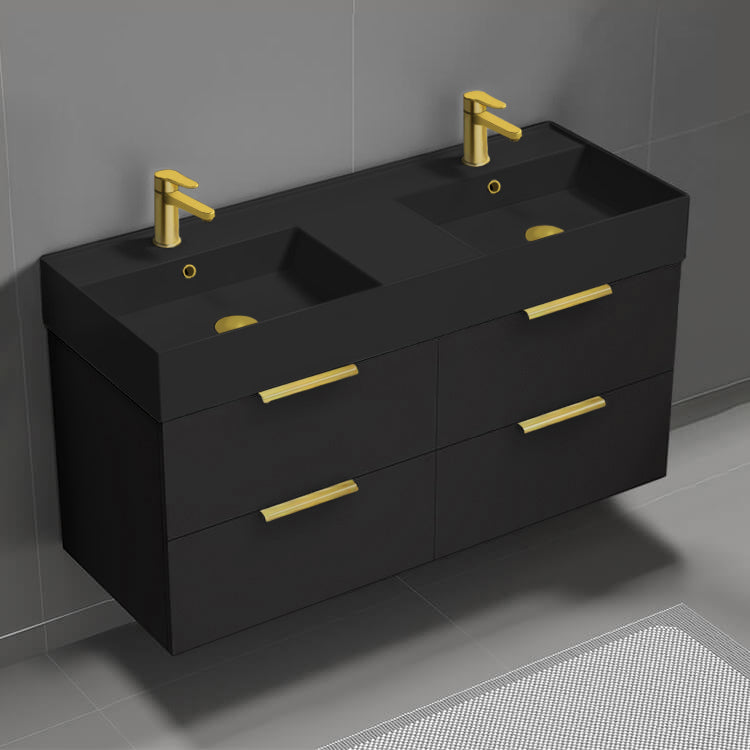 Double Bathroom Vanity With Black Sink, Wall Mount, 48", Matte Black
