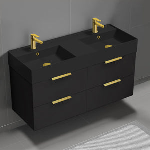 Double Bathroom Vanity With Black Sink, Wall Mount, 48", Matte Black
