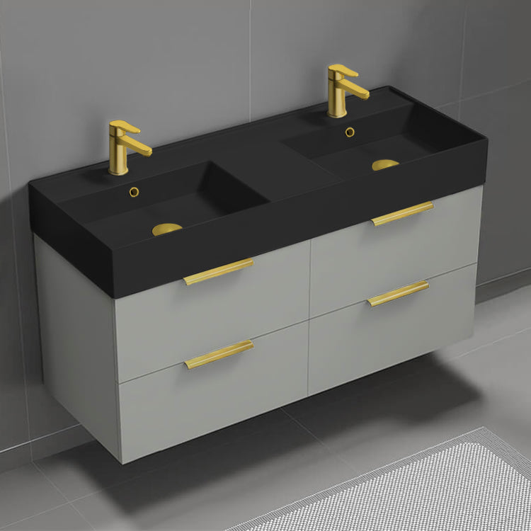 48" Bathroom Vanity With Black Sink, Double Sink, Floating, Modern, Grey Mist