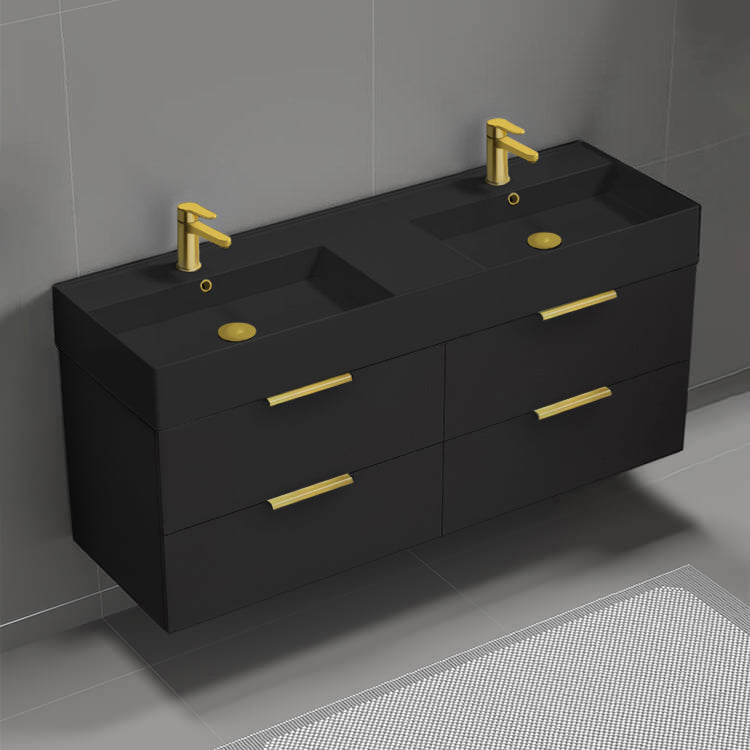 56" Bathroom Vanity With Black Sink, Double Sink, Wall Mounted, Modern, Matte Black