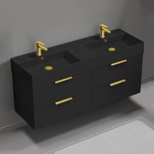 56" Bathroom Vanity With Black Sink, Double Sink, Wall Mounted, Modern, Matte Black
