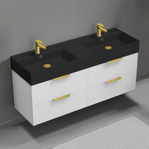 56" Bathroom Vanity With Black Sink, Double Sink, Wall Mount, Modern, Glossy White
