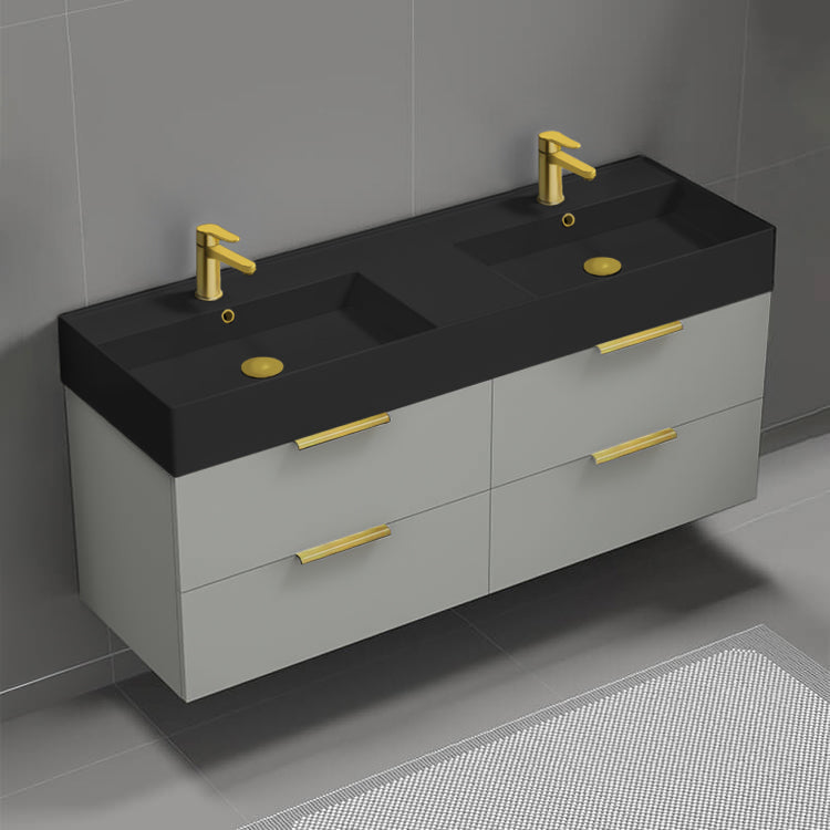 Double Bathroom Vanity With Black Sink, Floating, 56", Grey Mist