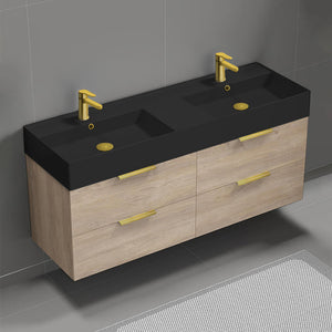 Double Bathroom Vanity With Black Sink, Wall Mounted, 56", Brown Oak