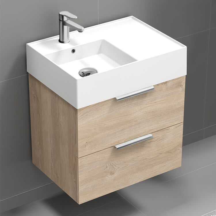 Modern Bathroom Vanity, Small, Floating, 24", Brown Oak