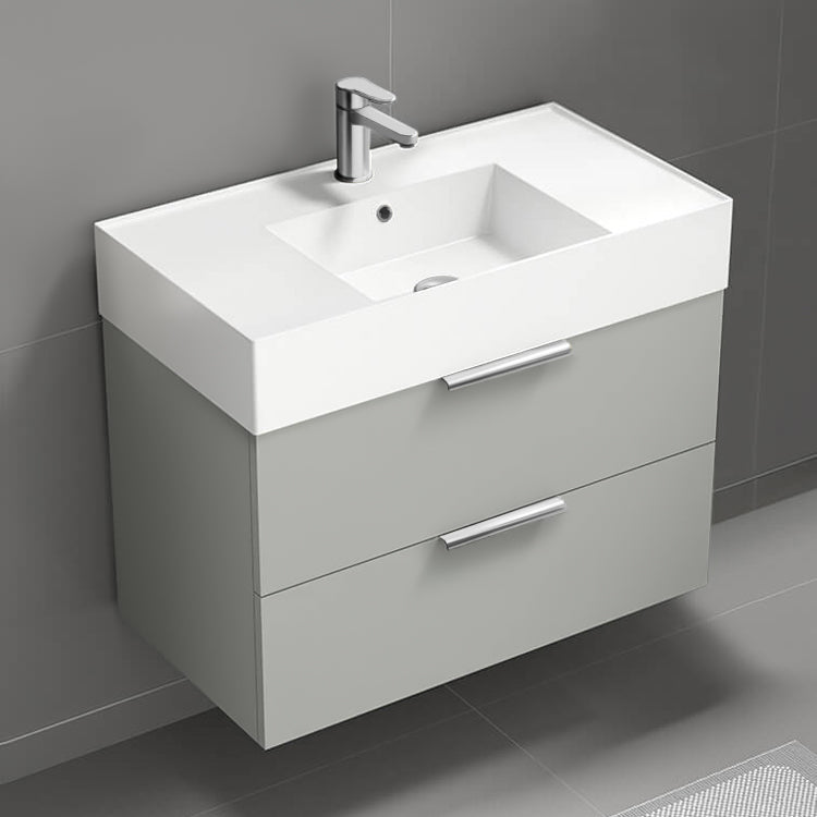 Wall Mounted Bathroom Vanity, Modern, 32", Grey Mist