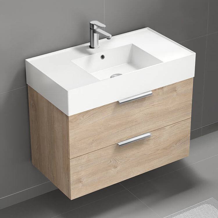 Bathroom Vanity, Modern, 32", Floating, Brown Oak