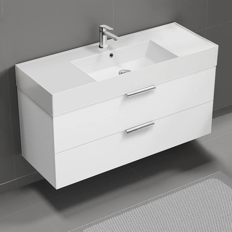 Modern Bathroom Vanity, Wall Mounted, 48", Glossy White
