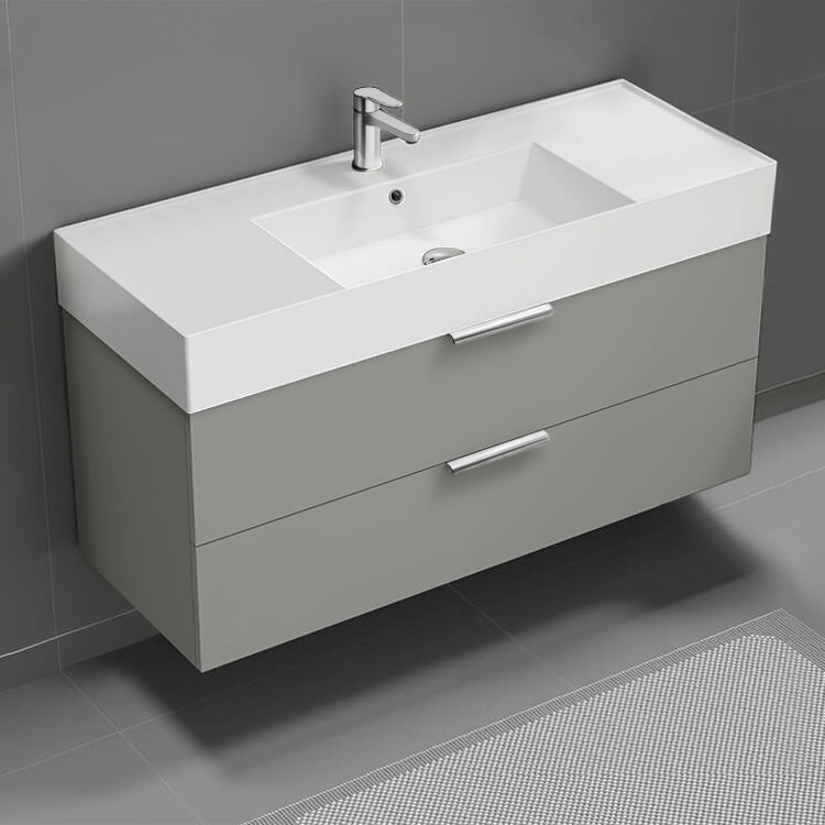 Modern Bathroom Vanity, Wall Mounted, 48", Grey Mist